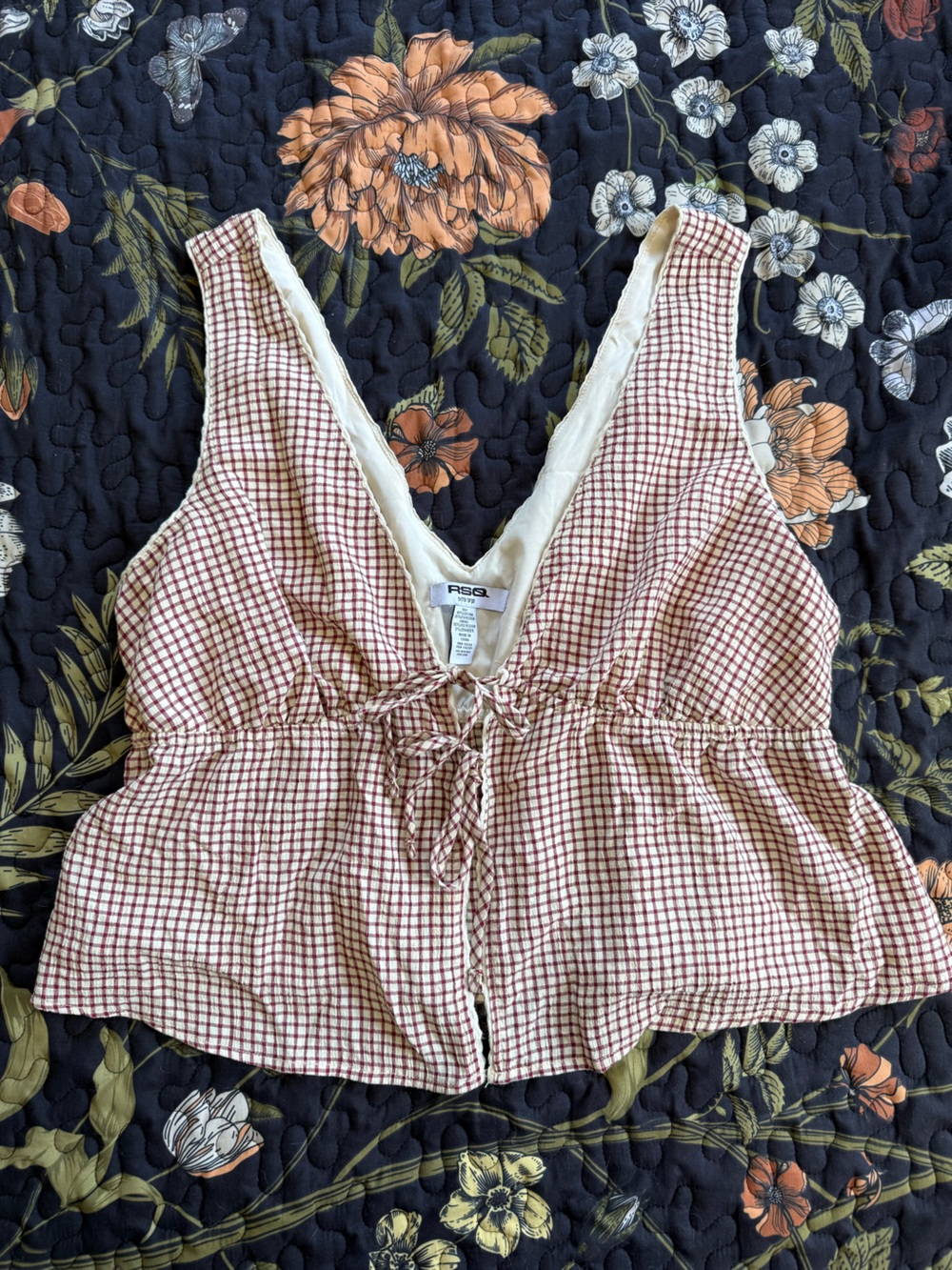 RSQ Cream and Burgundy Checkered V-Neck Tie-Front Camisole